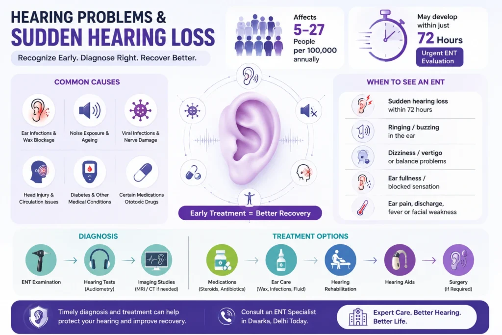 Hearing problems and sudden loss ent doctor in dwarka delhi